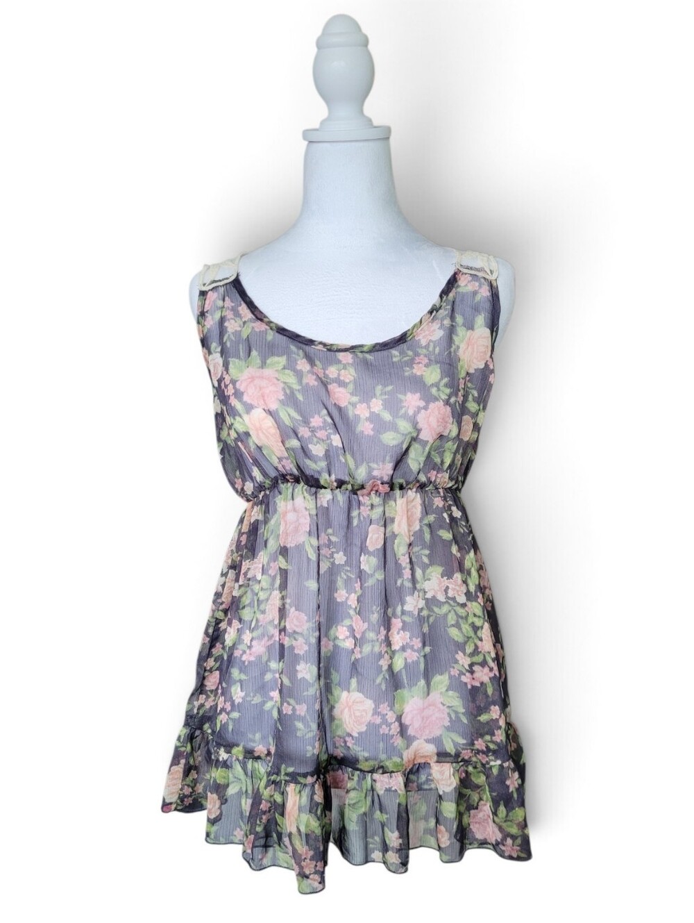 Vintage Y2K Roses Print Lace Back Sleeveless Chiffon Babydoll Top Large - Picture 2 of 16
